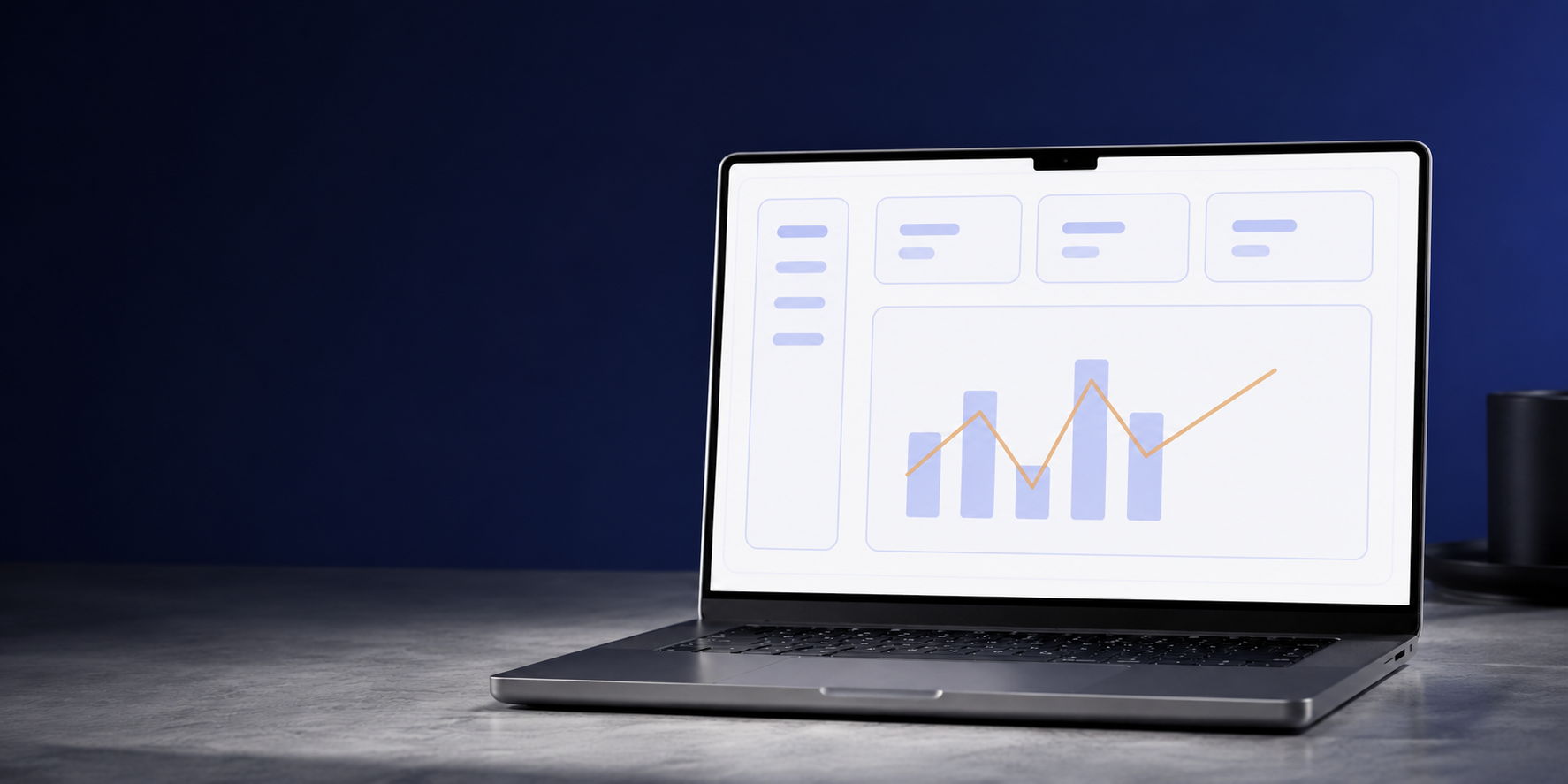 Laptop showing an anonymized dashboard mockup — abstract charts and metrics, no real data — against a deep navy background