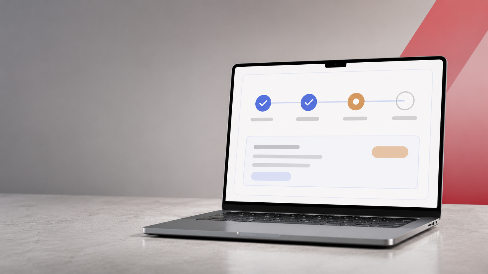 Laptop showing an anonymized loan-approval step tracker and form mockup — abstract shapes, no real data — on a grey desk