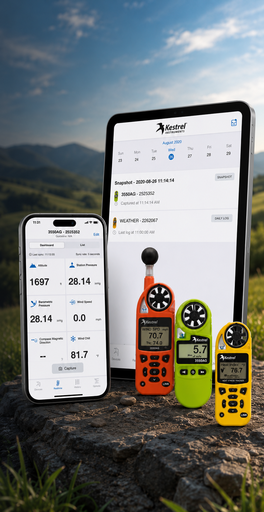 Kestrel LiNK app on a phone and tablet next to three handheld Kestrel weather meters, on a mountain overlook