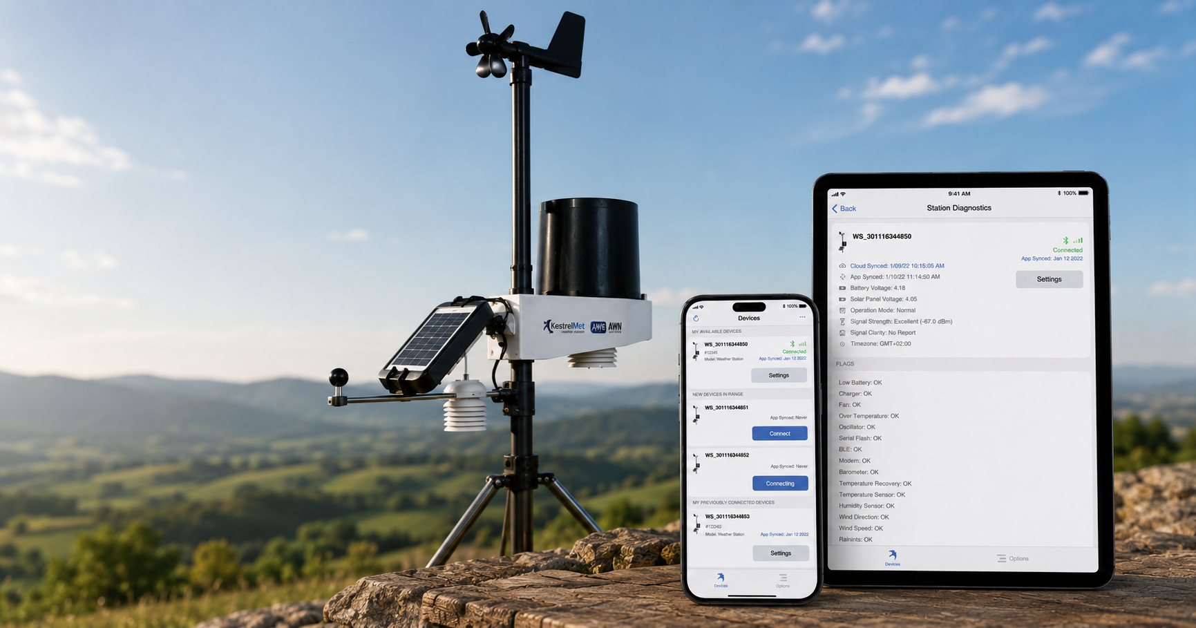 KestrelMet weather station on a mountaintop, with a phone showing the Devices screen and a tablet showing Station Diagnostics