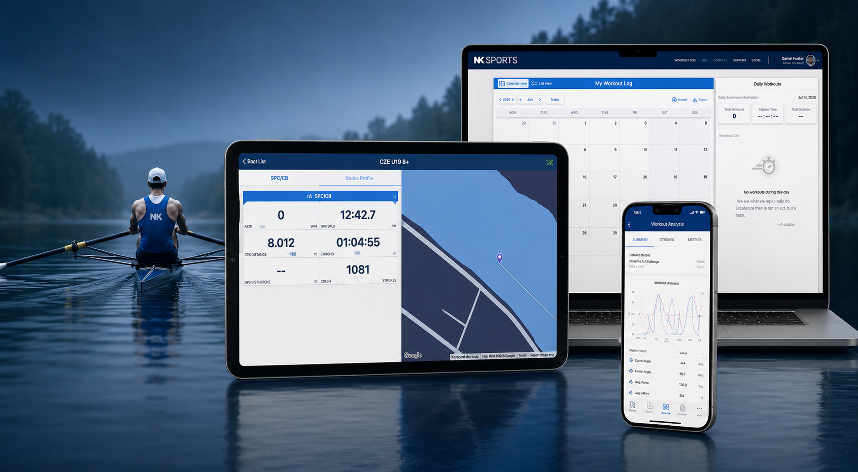NK LiNK Logbook shown across laptop, tablet and phone, with a rower on the water in the background