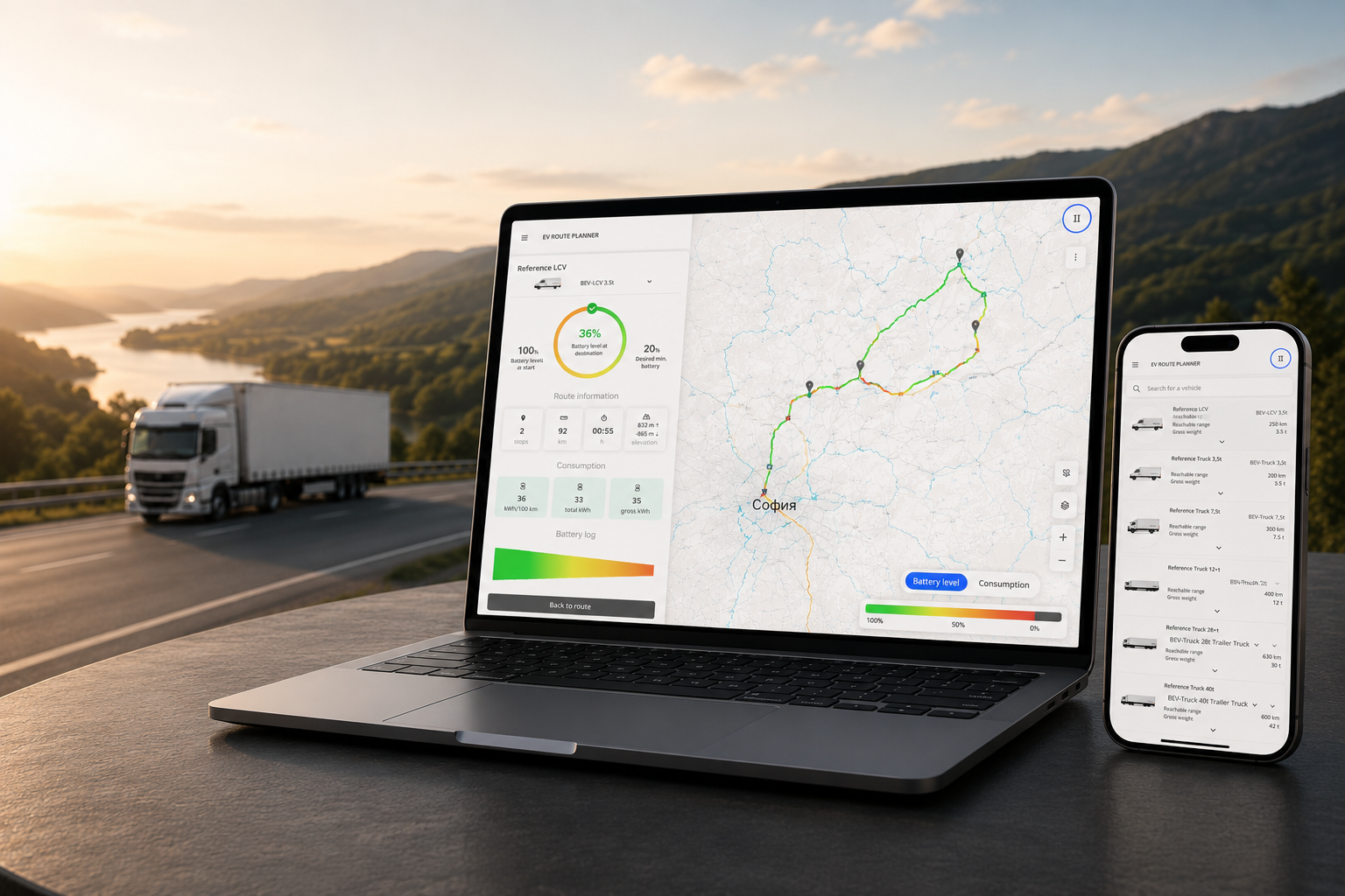 Laptop and phone showing the EV Route Planner app, with an electric truck driving on a highway at sunset in the background